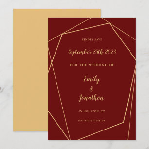 Geometric Frame Script Burgundy Gold Wedding Save The Date