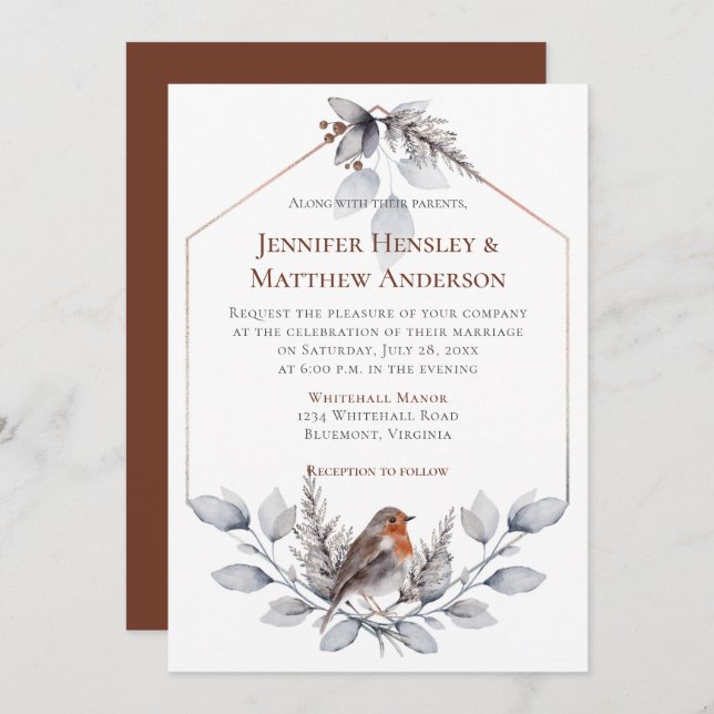 Geometric Frame Silver Grey Rust Leaves Bird Invitation (Front/Back)