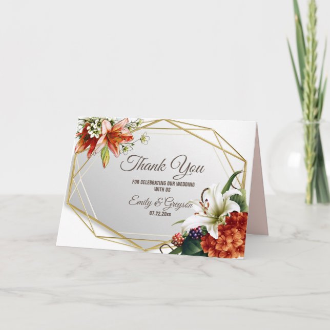 Geometric Frame with Tropical Lilies Thank You Card (Front)