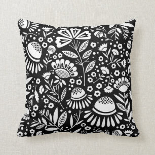 Geometric Garden Floral Pattern in Black and White Cushion