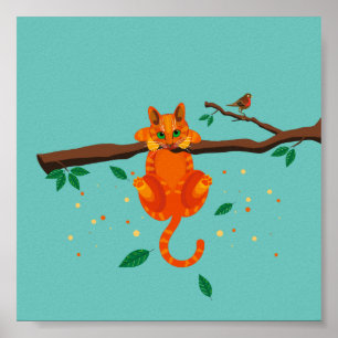 Geometric ginger Cat up a tree illustration Poster