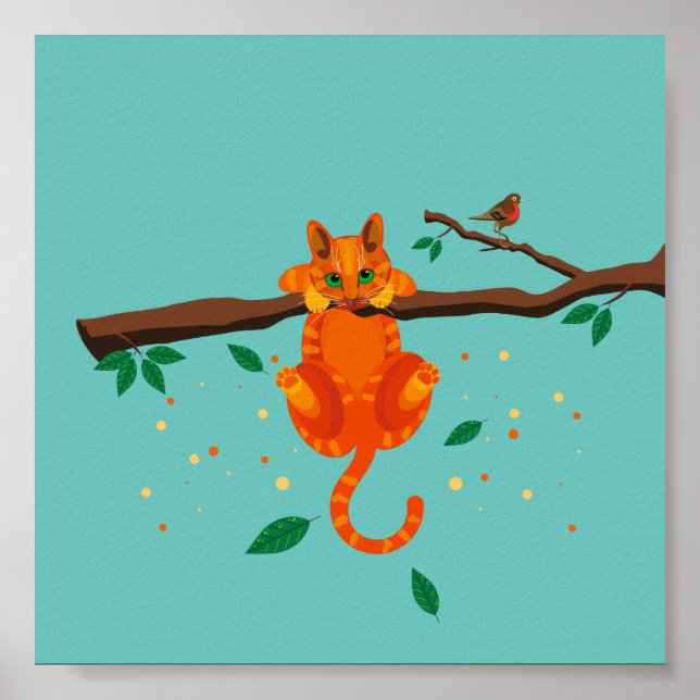 Geometric ginger Cat up a tree illustration Poster (Front)