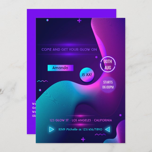 Geometric Glow in the Dark Neon Birthday Party Invitation (Front/Back)
