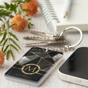 Geometric Gold and Black   Key Ring