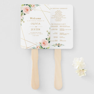 Geometric gold and blush floral wedding program hand fan
