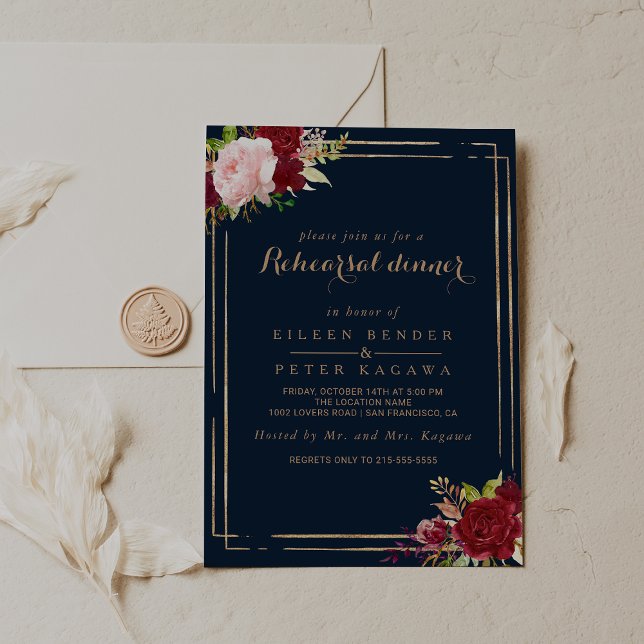 Geometric Gold and Red Tropical Rehearsal Dinner Invitation (Creator Uploaded)