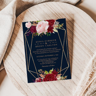 Geometric Gold and Red Tropical Wedding Invitation