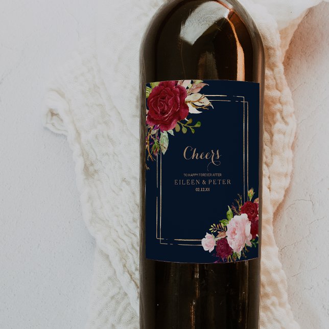 Geometric Gold and Red Tropical Wedding Wine Label (Creator Uploaded)