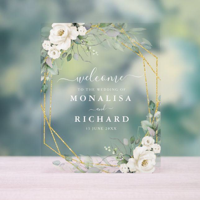 Geometric gold and white floral wedding acrylic sign (Neutral)