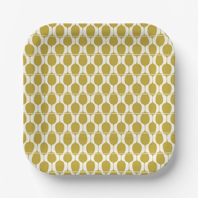 Geometric Gold and White Wine Glass Paper Plate (Front)
