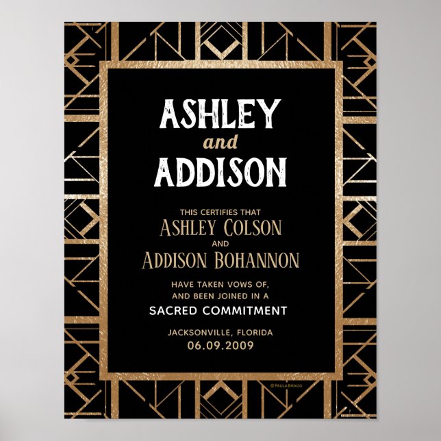 Geometric gold black Alterna Wedding Certificate Poster (Front)