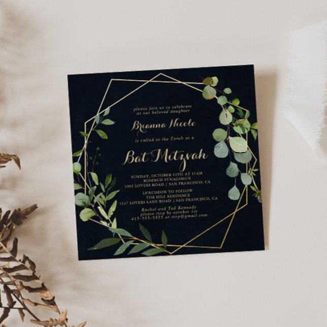 Geometric Gold Blue Green Calligraphy Bat Mitzvah Invitation (Creator Uploaded)