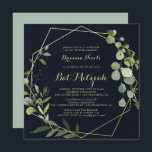 Geometric Gold Blue Green Calligraphy Bat Mitzvah Invitation<br><div class="desc">This geometric gold blue green calligraphy bat mitzvah invitation is perfect for a simple bat mitzvah. The design features hand-painted beautiful green leaves in a dark blue background,  adorning a gold geometric frame.</div>