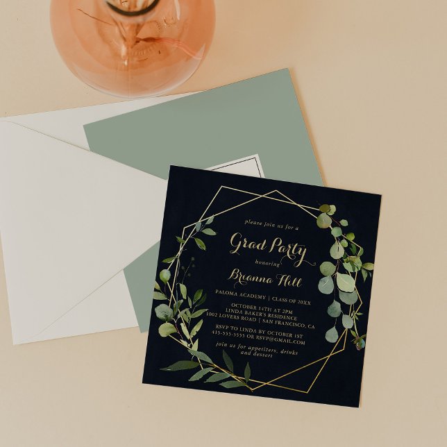 Geometric Gold Blue Green Calligraphy Grad Party  Invitation (Creator Uploaded)