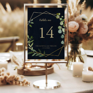 Geometric Gold Blue Green Calligraphy Wedding Table Number