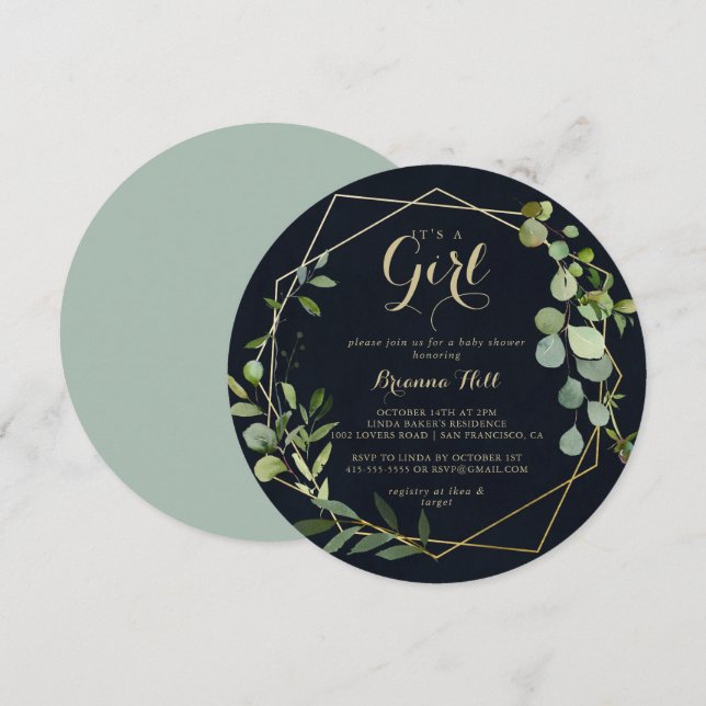 Geometric Gold Blue Green It's A Girl Baby Shower  Invitation (Front/Back)