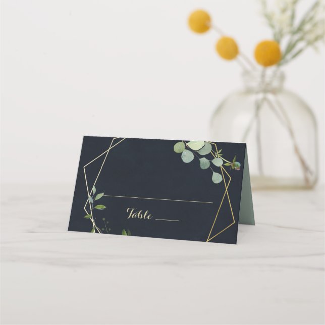 Geometric Gold Blue Green Wedding Place Card (Front)