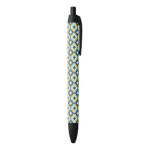 Geometric Gold & Blue Pattern Black Ink Pen