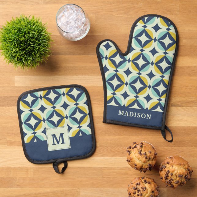 Geometric Gold & Blue Pattern Oven Mitt & Pot Holder Set (Top Down)