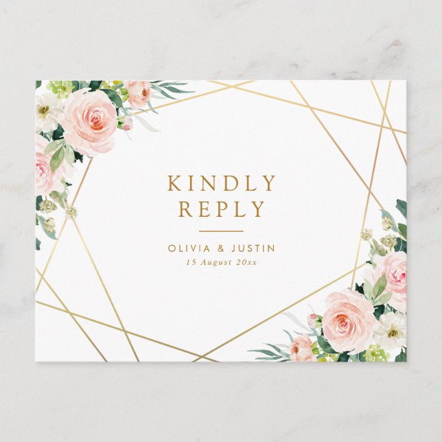 geometric gold & blush floral wedding RSVP Postcard (Front)