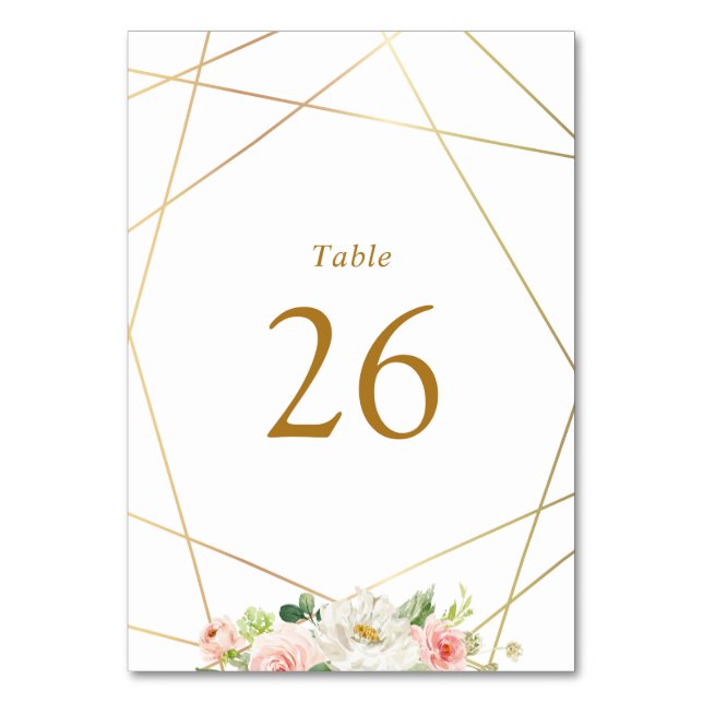 Geometric  gold & blush watercolor floral wedding table number (Front)