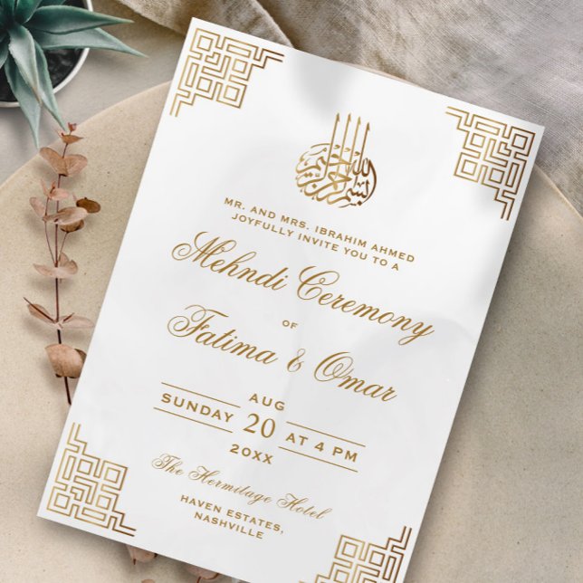 Geometric Gold Border Islamic Mehndi Ceremony Invitation (Creator Uploaded)