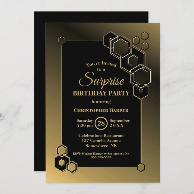 Geometric Gold Border Surprise Birthday Invitation (Front/Back)