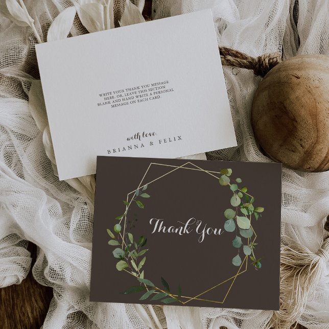Geometric Gold Brown Green Eucalyptus Flat Wedding Thank You Card (Creator Uploaded)