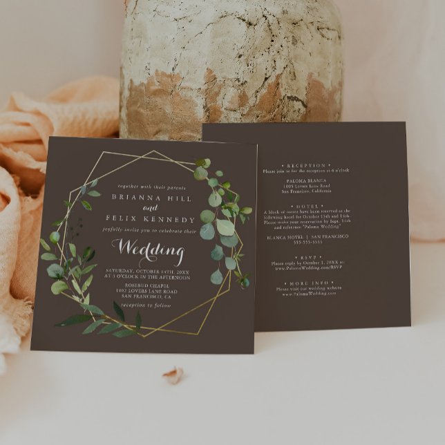Geometric Gold Brown Green Front & Back Wedding Invitation (Creator Uploaded)