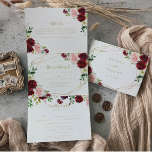 Geometric Gold Burgundy Spring Floral Wedding Tri-Fold Invitation