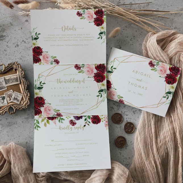 Geometric Gold Burgundy Spring Floral Wedding Tri-Fold Invitation (Creator Uploaded)
