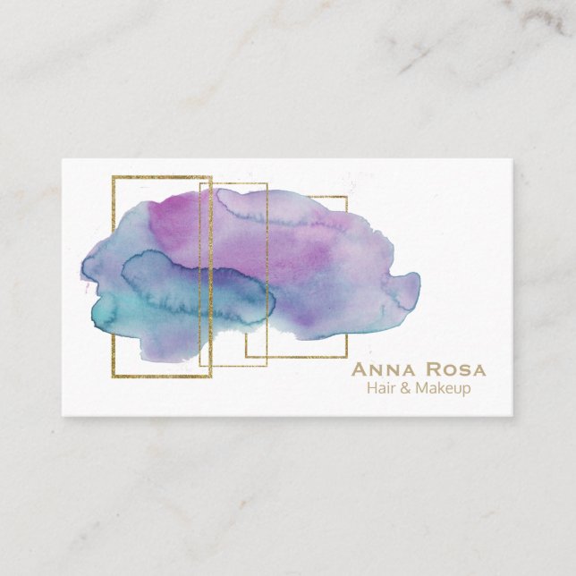 *~* Geometric Gold Chic Magenta Purple Watercolor Business Card (Front)