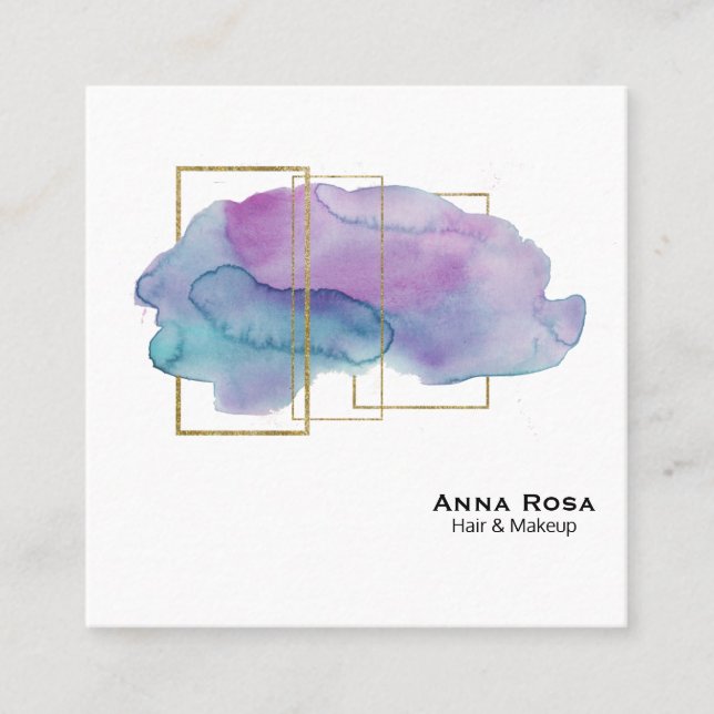 *~* Geometric Gold Chic Purple Magenta Watercolor Square Business Card (Front)