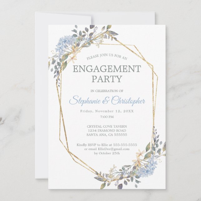 Geometric Gold Dusty Blue Florals Engagement Party Invitation (Front)