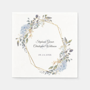 Geometric Gold Dusty Blue Florals Wedding Napkin