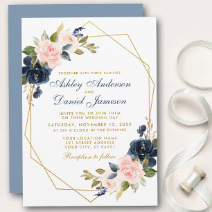 Geometric Gold Dusty Blue Pink Floral Wedding Invitation
