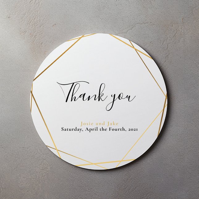 Geometric gold effect wedding thank you sticker (Gold effect geometric wedding thank sticker with elegant script.)