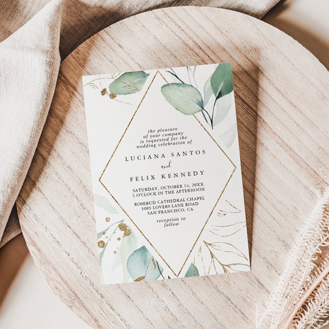 Geometric Gold Eucalyptus Diamond Wedding  Invitation (Creator Uploaded)