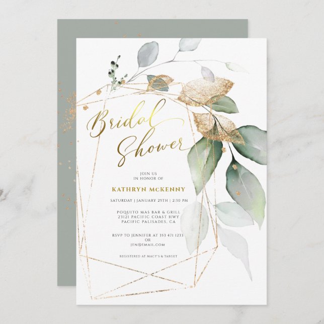 Geometric Gold Eucalyptus Greenery Bridal Shower I Invitation (Front/Back)