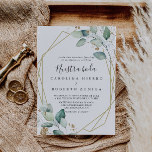Geometric Gold Eucalyptus Nuestra Boda Wedding Invitation