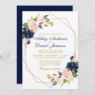 Geometric Gold Floral Pink Blush Blue Wedding Invitation