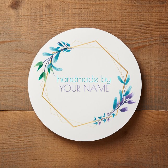 Geometric gold flower wreath "Handmade by" Classic Round Sticker (Round white thank you sticker with gold frame and watercolor botanical accents)
