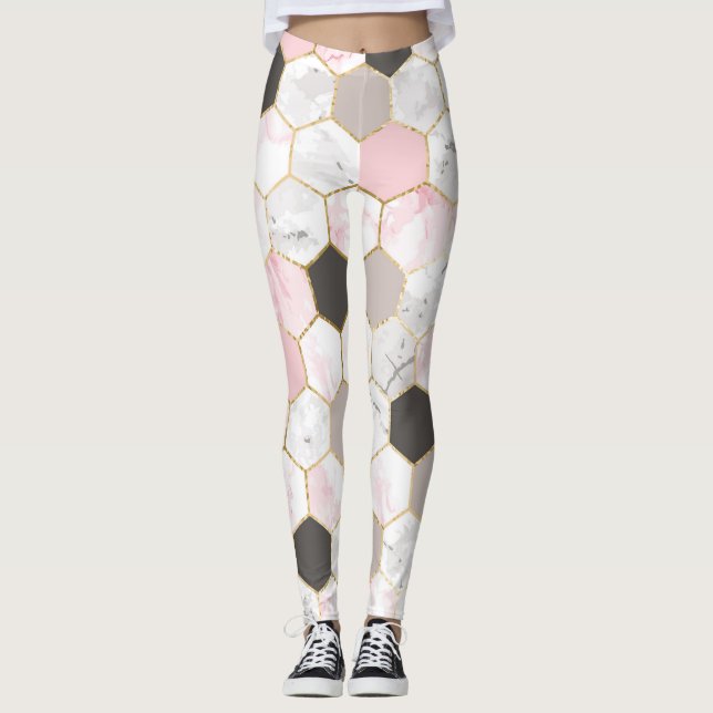 Geometric gold foil, marble hexagon pattern. leggings (Front)