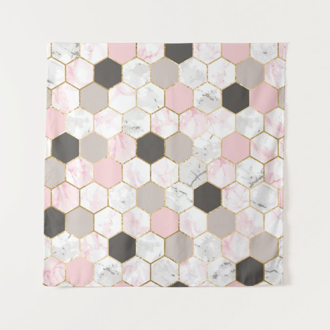 Geometric gold foil, marble hexagon pattern. tapestry (Front)