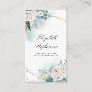Geometric Gold Frame and White Peonies Greenery Business Card