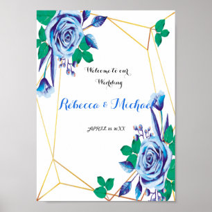 Geometric Gold Frame blue floral Wedding Welcome Poster