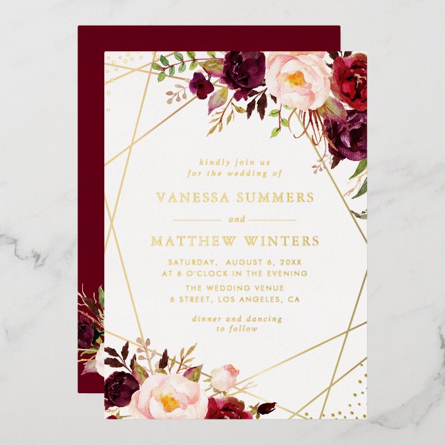 Geometric gold frame burgundy floral wedding (Front/Back)