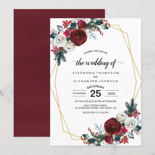 Geometric Gold Frame Burgundy Winter Flowers Invitation