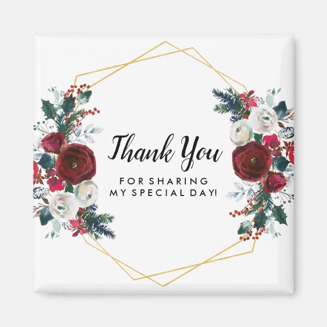 Geometric Gold Frame Burgundy Winter Flowers Magnet (Front)