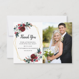 Geometric Gold Frame Burgundy Winter Flowers Thank You Card